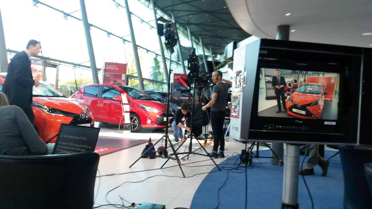 Toyota (GB) Burgh Heath, Webnews video shoot camera set up, monitor autocue teleprompt