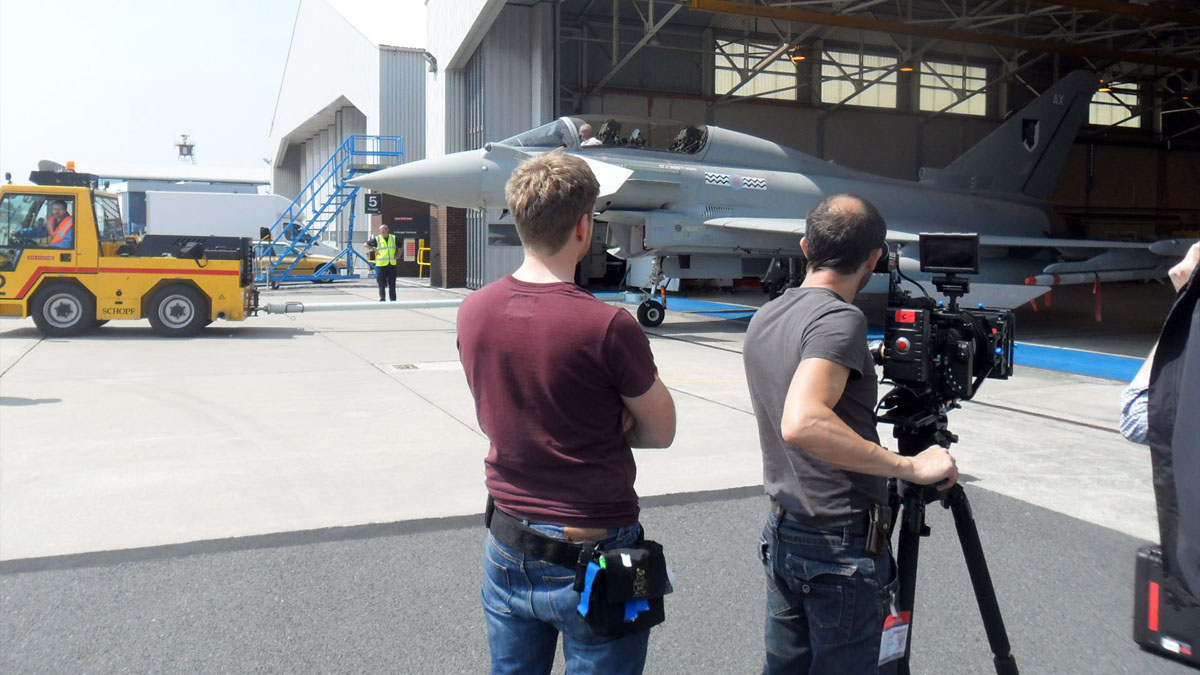 BAE Systems, Typhoon jet exits hangar, 4K Red Camera, Cameraman and camera assistant