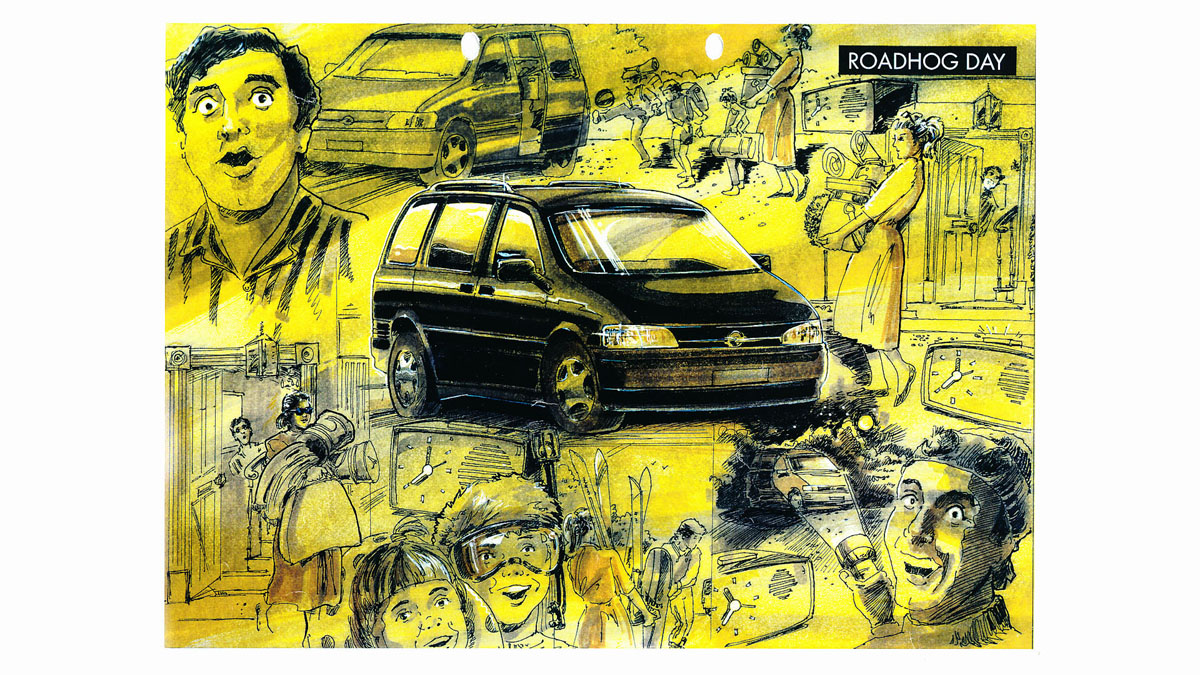 Adam Opel AG Hand drawn film storyboard concept Opel Sintra, Roadhog day, yellow wash image