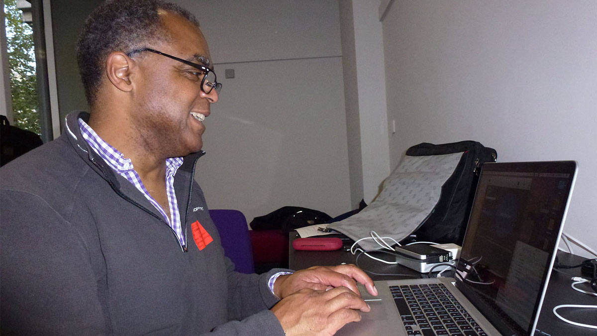 On location editing for Fortius Clinic at the QEII Conference Centre for Fisic 15, Adrian Charles editor with Mac Book Pro.