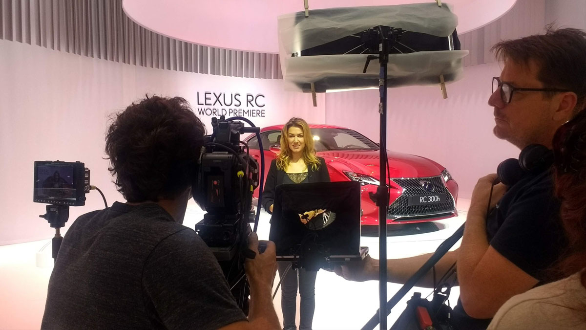 Iles De Vis reports on the Lexus RC World Premiere at the Paris Motor Show, video camera crew setting up