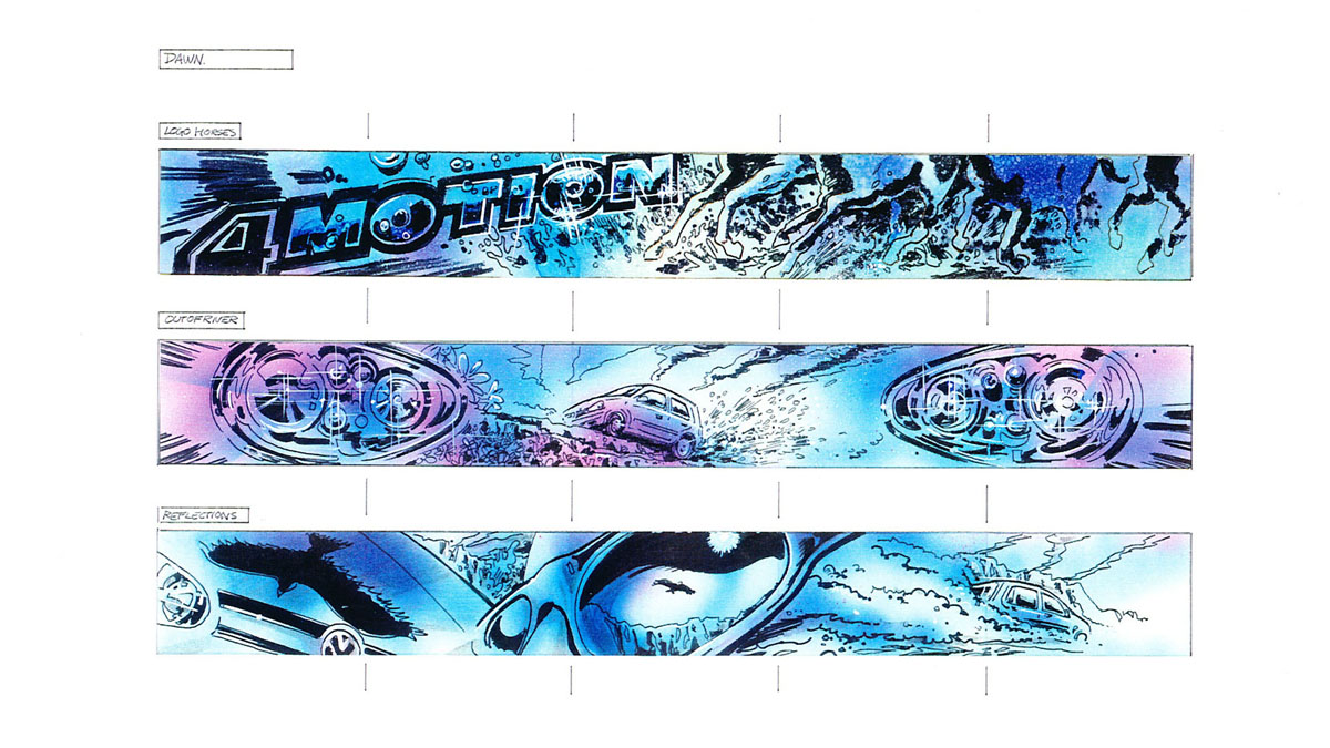 VW hand drawn storyboard ‘dawn’ super wide screen for experiential event, blue wash