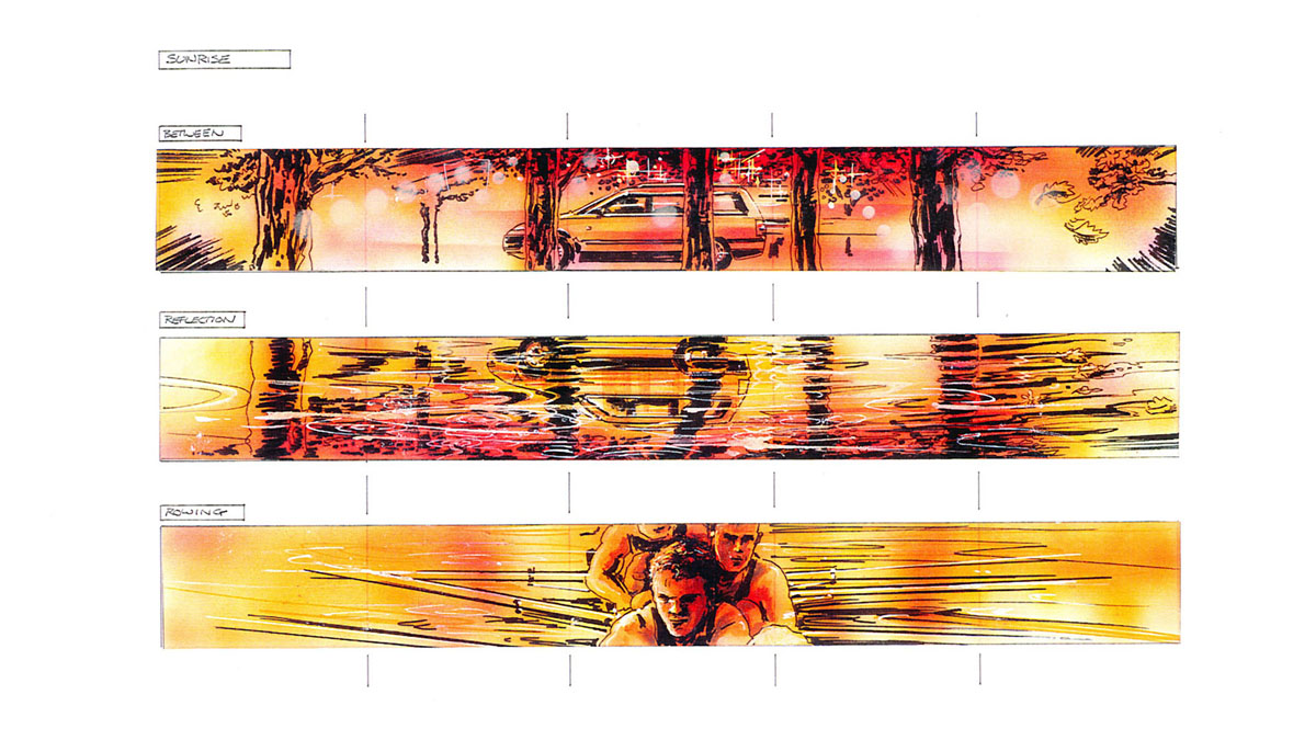 VW hand drawn storyboard ‘sunrise’ super wide screen for experiential event, orange wash