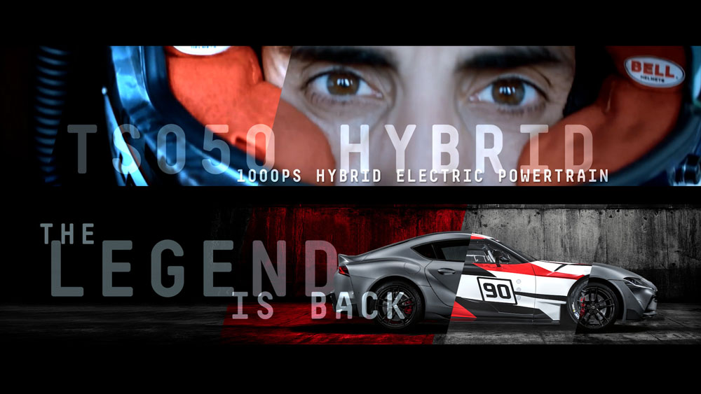 Toyota (GB) Goodwood Festival of Speed AV, video garage image, split screen multi-layered image combining racing driver in a helmet with Toyota GR Supra Studio shot edited with key descriptive graphics 