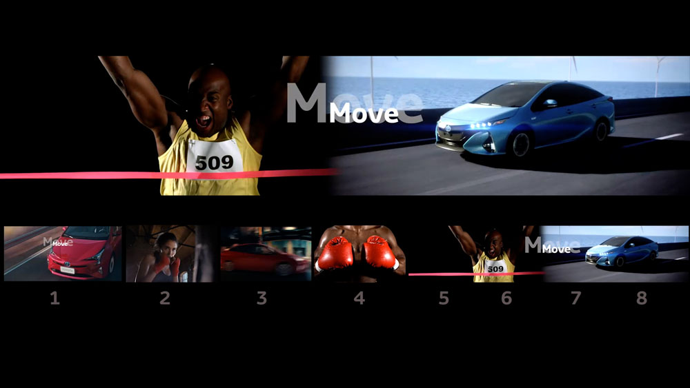 Toyota Europe Olympic & Paralympic AV, video garage image, sports library footage, male runner and female boxer combined with Toyota cars and graphic text over 8 LED screens